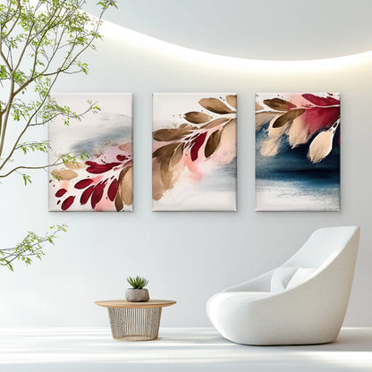3pcs Burgundy Navy Gold Leaf Abstract Set    Wall Art Set Canvas Framed 50x70cm - High Quality Print 100% Australian Made Wall Canvas Ready to Hang