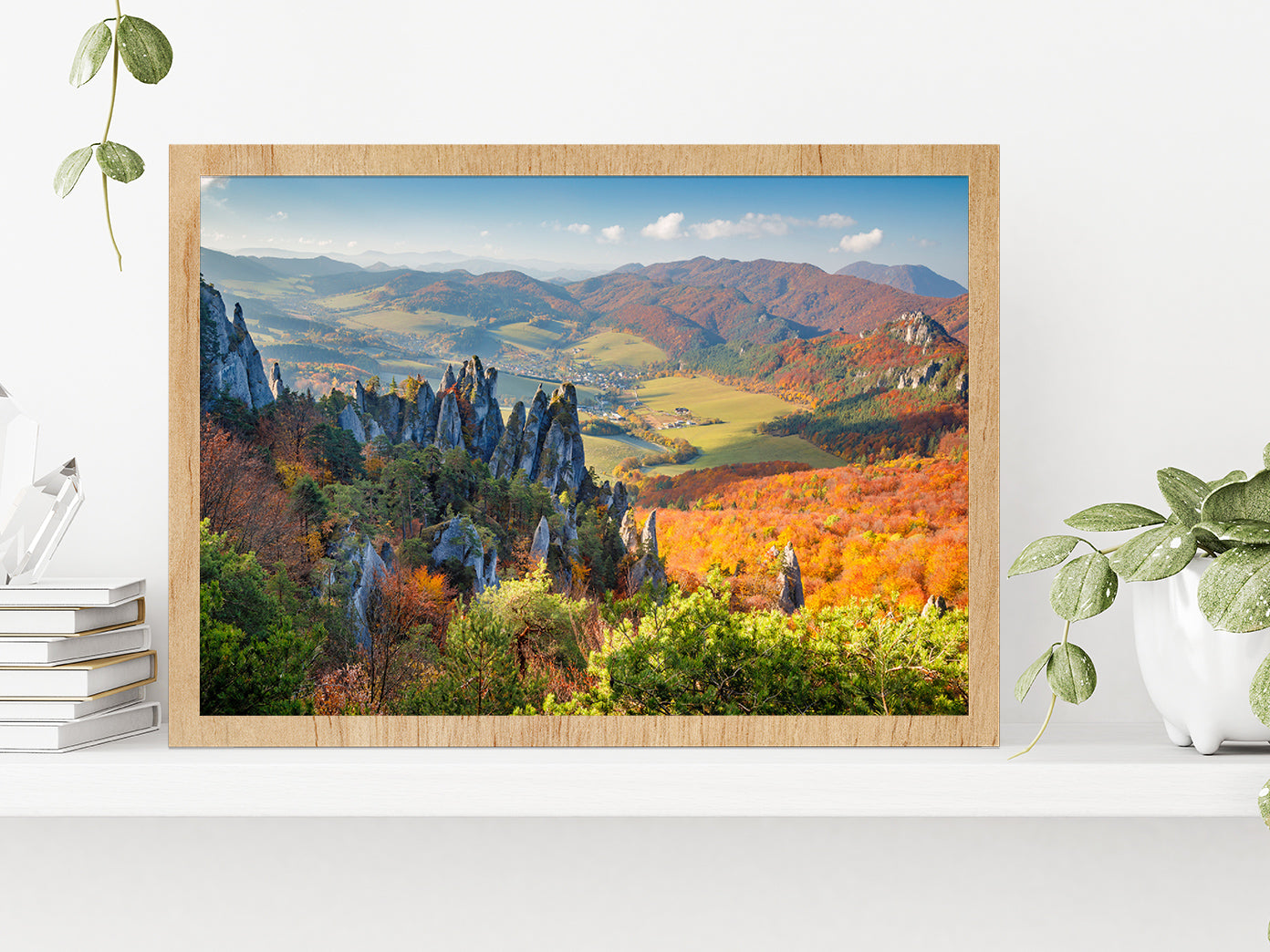 Rocks & Hills In Autumn Season Glass Framed Wall Art, Ready to Hang Quality Print Without White Border Oak