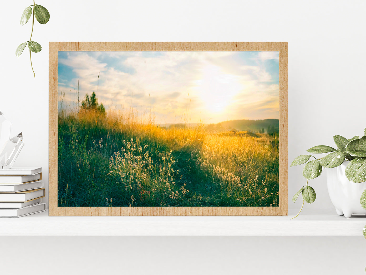 Blooming Wild Grass In Nature Glass Framed Wall Art, Ready to Hang Quality Print Without White Border Oak