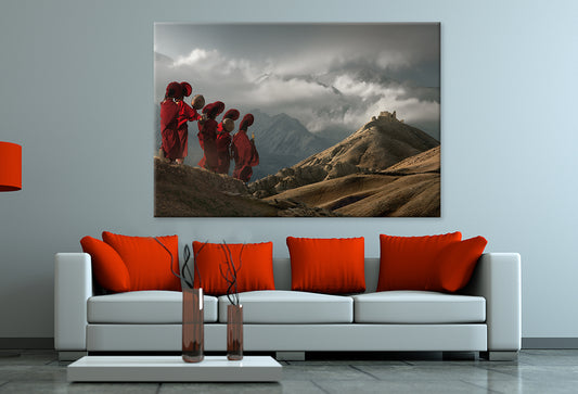 Young Monks Walking to Temple Wall Art Decor 100% Australian Made