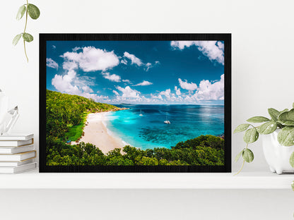 La Digue Island White Sandy Beach Glass Framed Wall Art, Ready to Hang Quality Print Without White Border Black