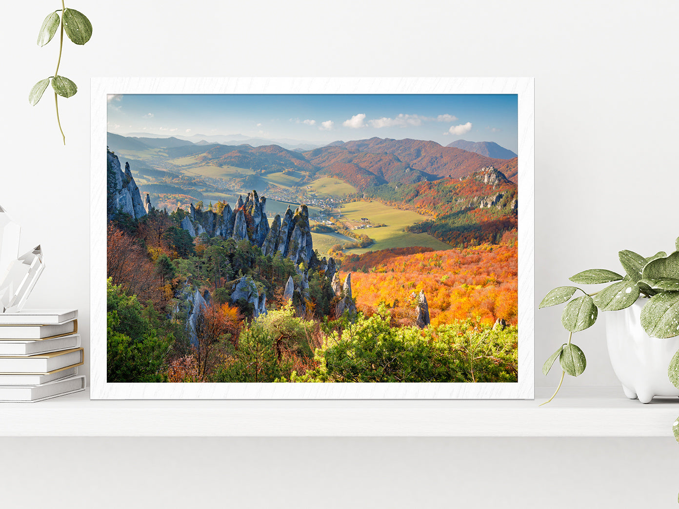 Rocks & Hills In Autumn Season Glass Framed Wall Art, Ready to Hang Quality Print Without White Border White