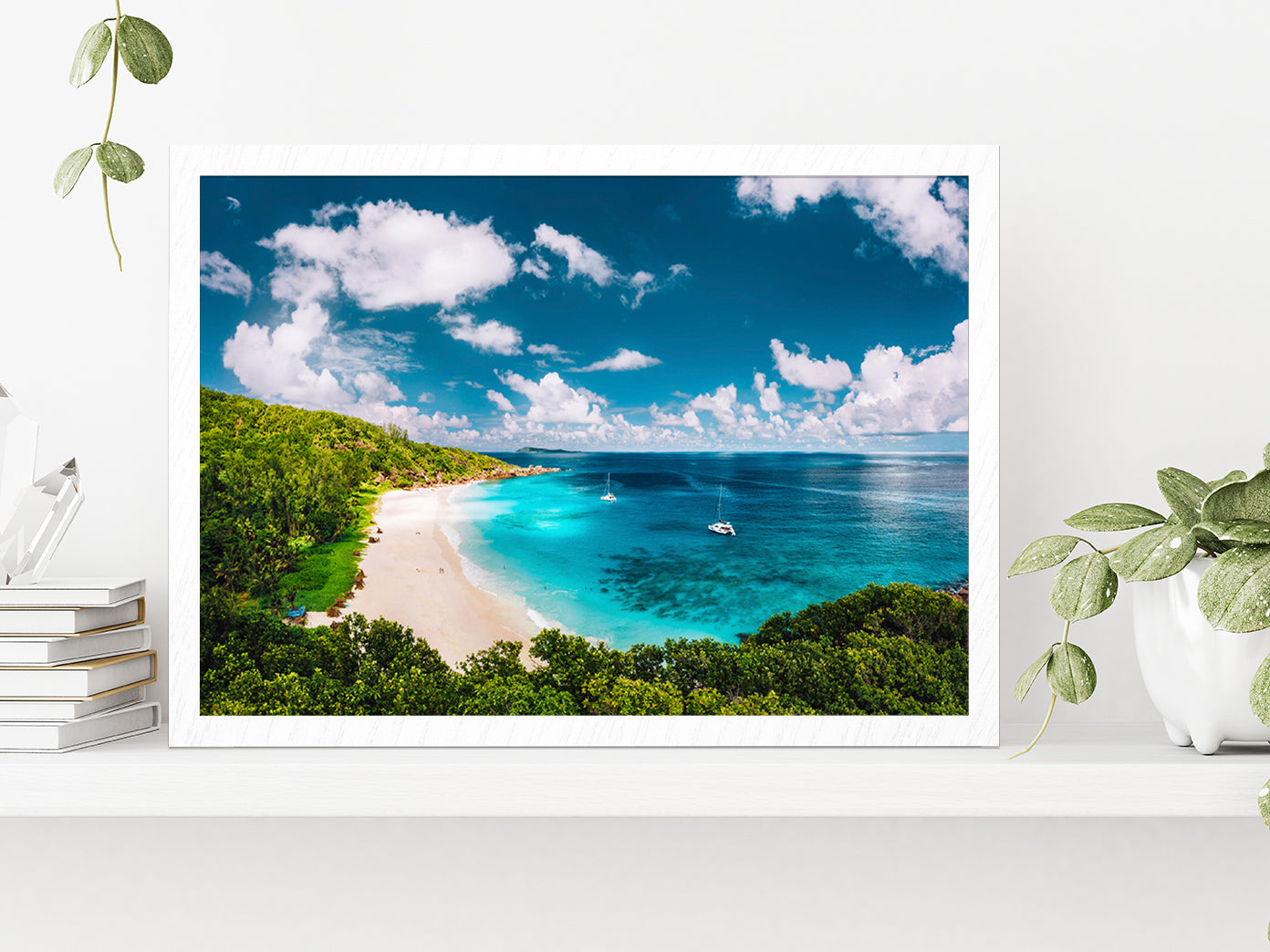 La Digue Island White Sandy Beach Glass Framed Wall Art, Ready to Hang Quality Print Without White Border White