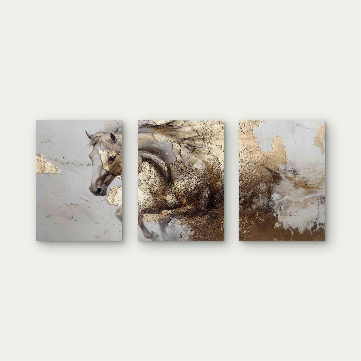 3pcs Galloping Wild Horse In Abstract Cream Metal Print Ready to Hang Art - Bella Home Decor
