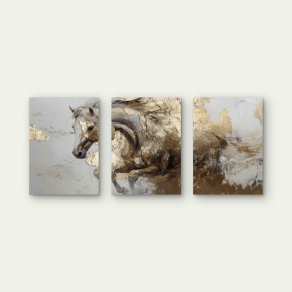 3pcs Galloping Wild Horse In Abstract Cream Metal Print Ready to Hang Art - Bella Home Decor