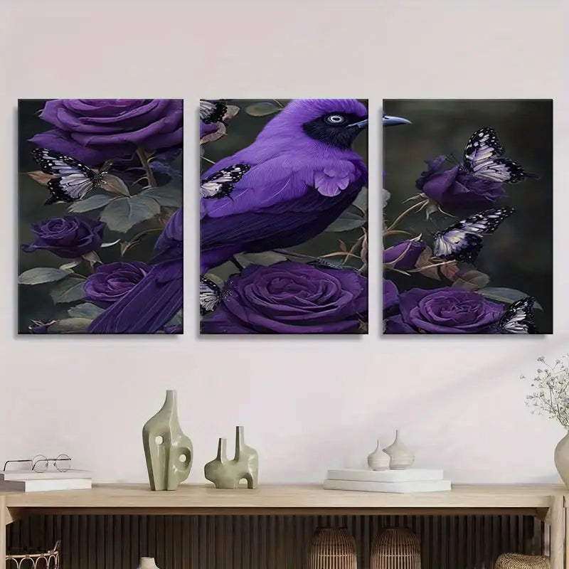 3pcs Purple Bird with Black & White Butterflies Metal Print Ready to Hang Art