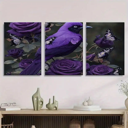 3pcs Purple Bird with Black & White Butterflies Metal Print Ready to Hang Art