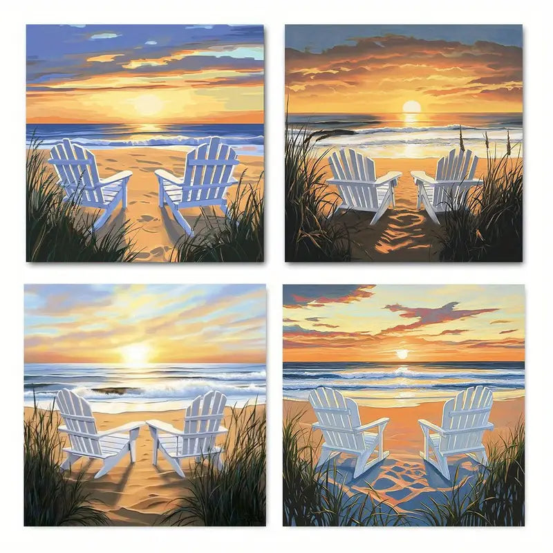 4pcs Beach Chairs Coastal Sunrise Wall Art Canvas Framed
