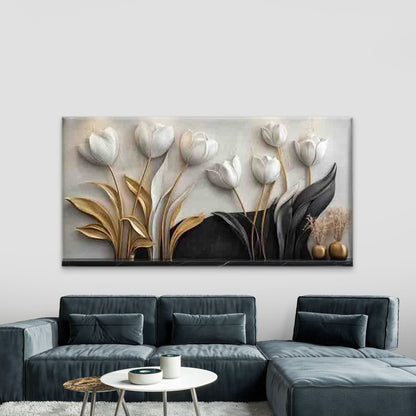 Abstract Tulip White & Golden Wall Art Canvas Office Home Room Framed 120x60cm