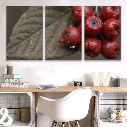 3pcs Red Berries with Water Droplets Design Wall Art Set Canvas Framed 40x60cm - High Quality Print 100% Australian Made Wall Canvas Ready to Hang