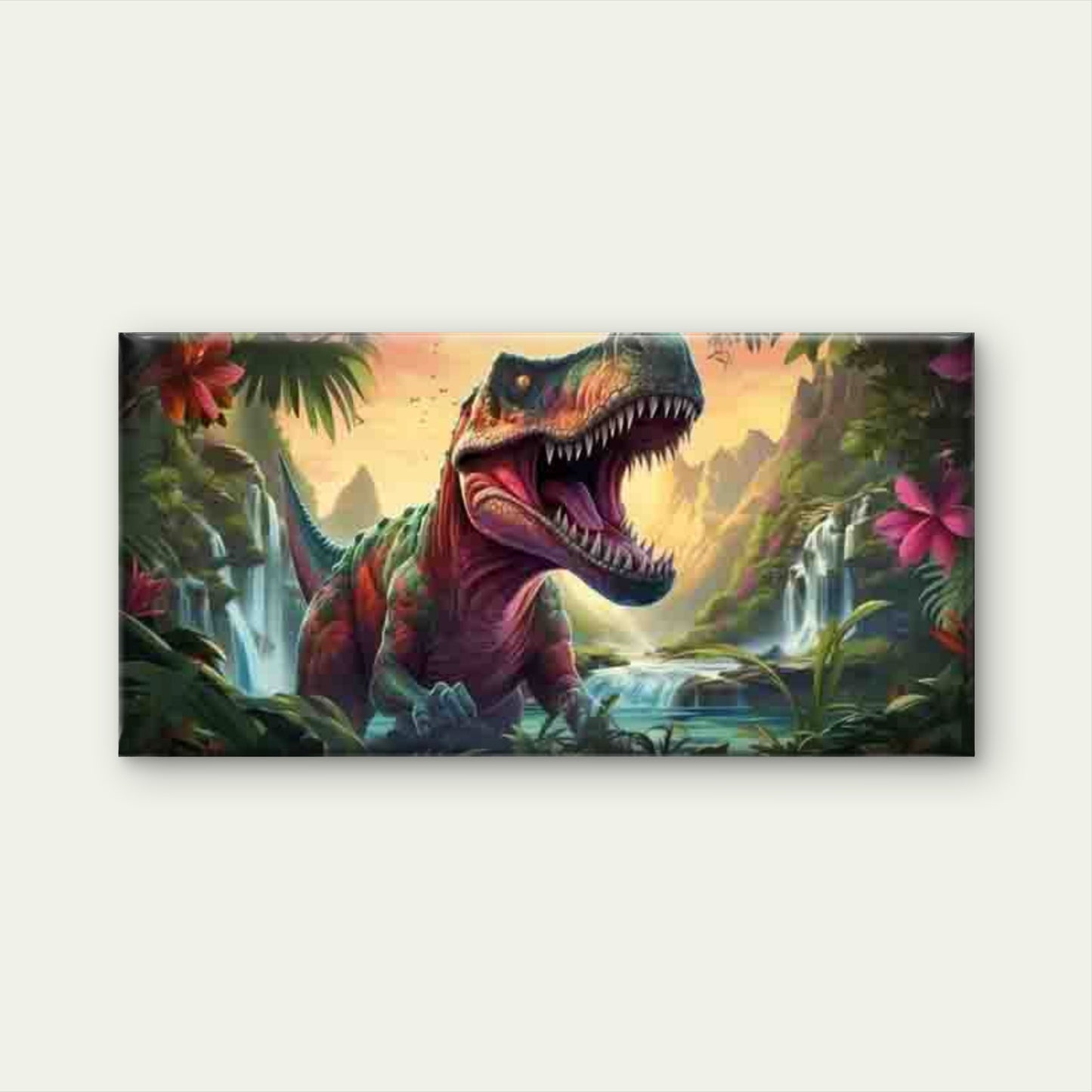 T-Rex Dinosaur Jungle Waterfall Wall Art Canvas Office Home Room Framed 120x60cm