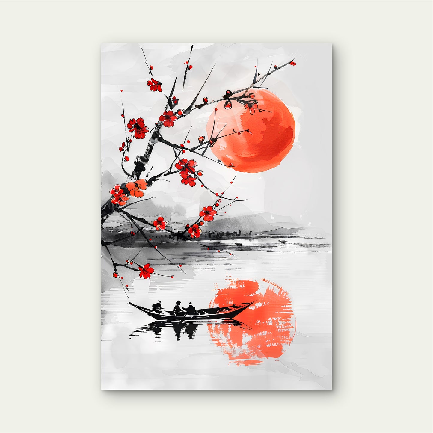 Watercolor Painting Cherry Tree Red Moon Sky 60x90cm Metal Print Ready to Hang