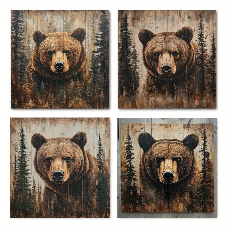 4pcs  Rustic Brown Bear  Retro Style Decor  RB  Wall Art Canvas Framed