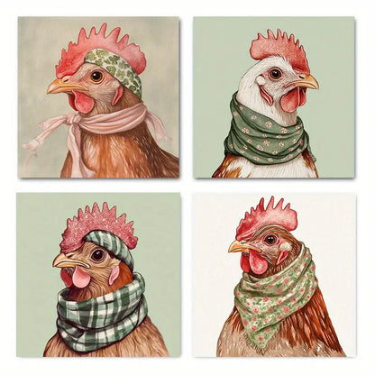 4pcs Babushka Chicken Prints  Wall Art Canvas Framed