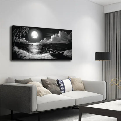 White Night Beach Landscape Wall Art Canvas Office Home Room Framed 120x60cm - Bella Home Decor