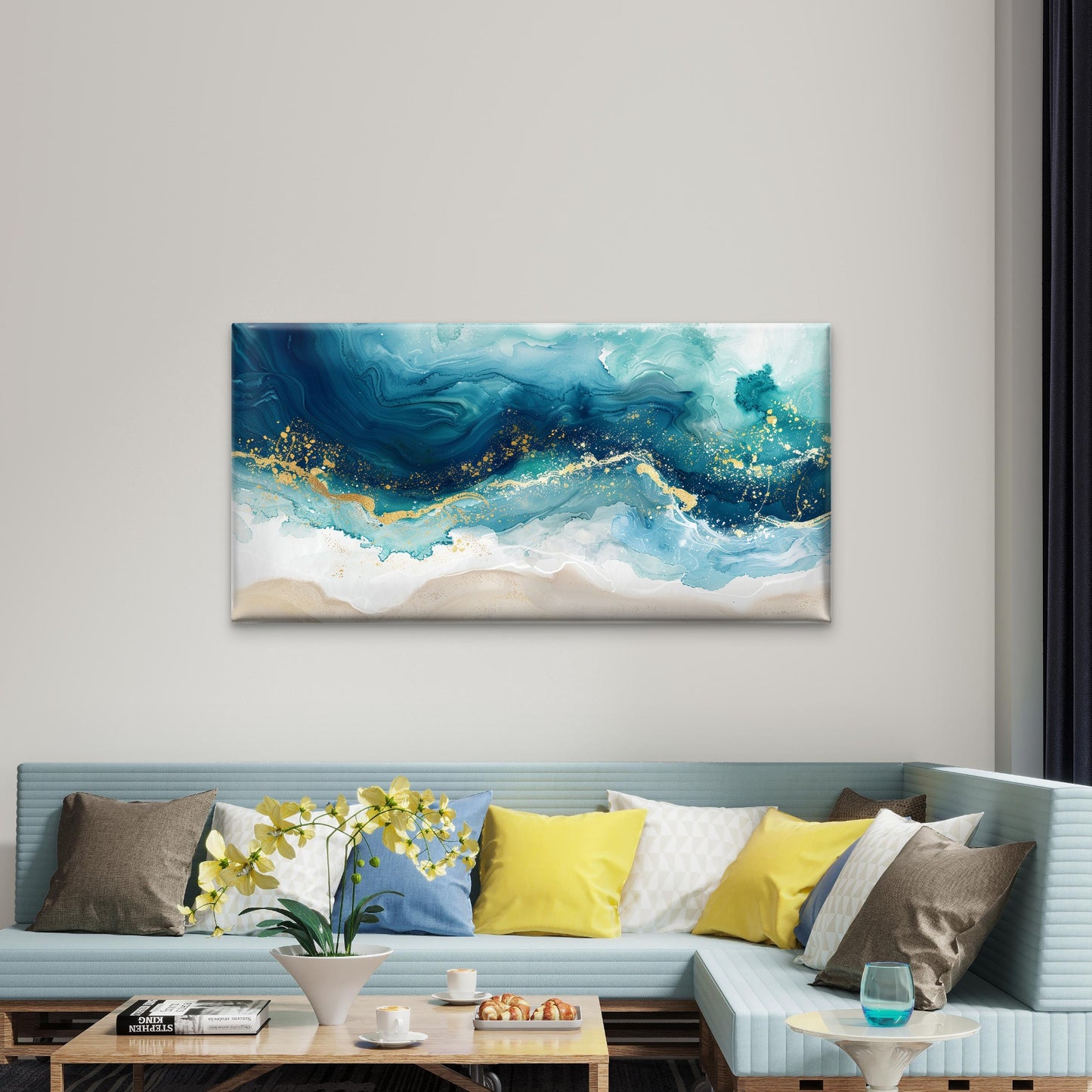 Abstract Teal Ocean Wave Wall Art Canvas Office Home Room Framed 120x60cm