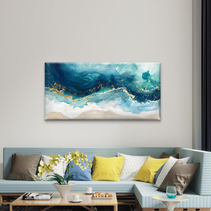 Abstract Teal Ocean Wave Wall Art Canvas Office Home Room Framed 120x60cm