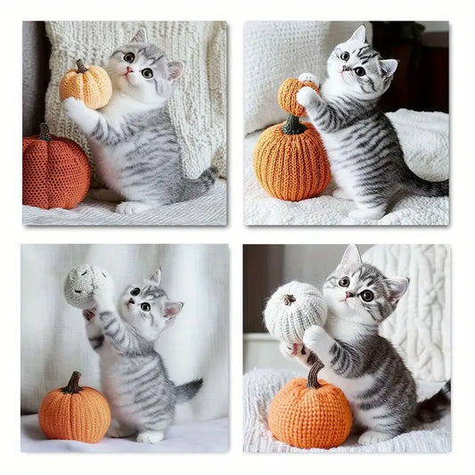 4pcs  Grey Cat & Pumpkin Autumn Decor Wall Art Canvas Framed
