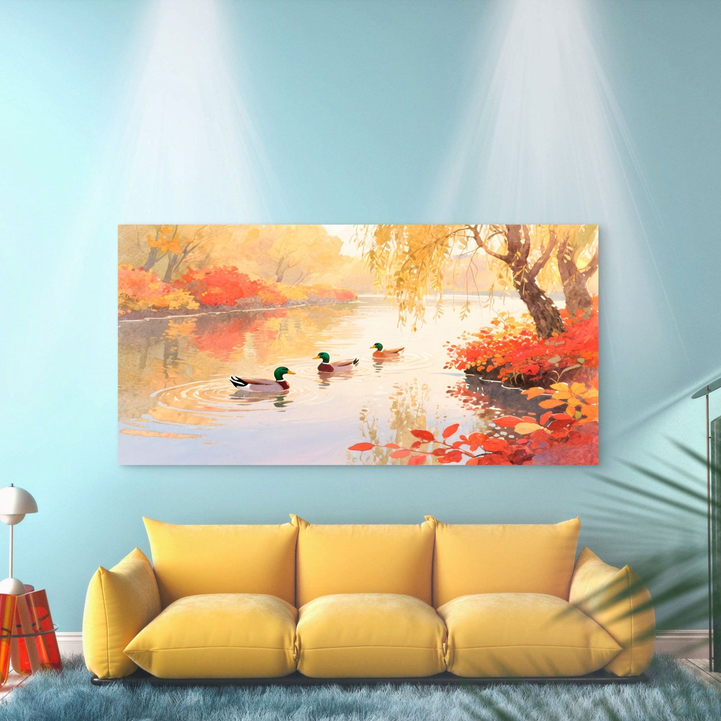 Ducks On A Calm Autumn Pond Wall Art Canvas Office Home Room Framed 120x60cm