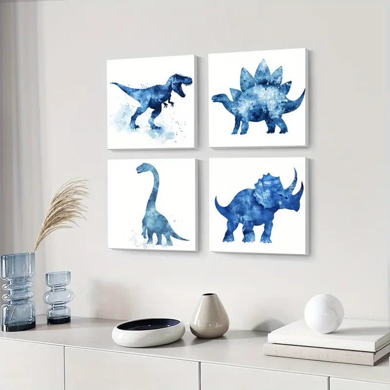 4pcs  Dinosaurs   Blue Tones Paint  Wall Art Canvas Framed