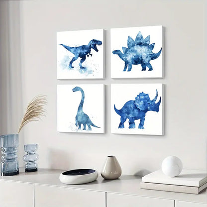 4pcs  Dinosaurs   Blue Tones Paint  Wall Art Canvas Framed