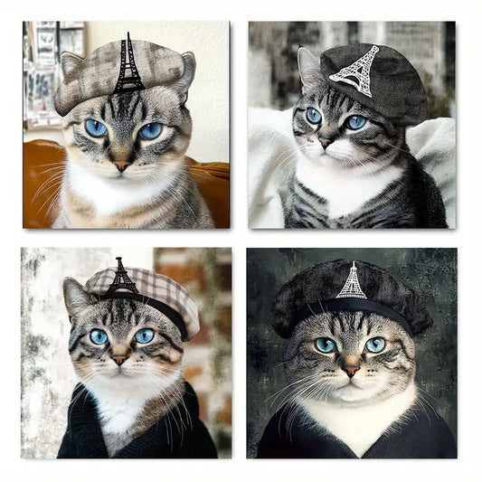 4pcs Modern French Cat Wall Art Canvas Framed