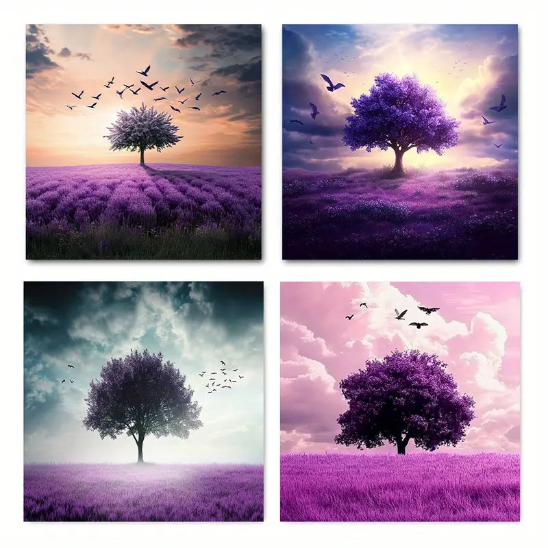 4pcs Large Purple Tree Sunset Field SF   Wall Art Canvas Framed