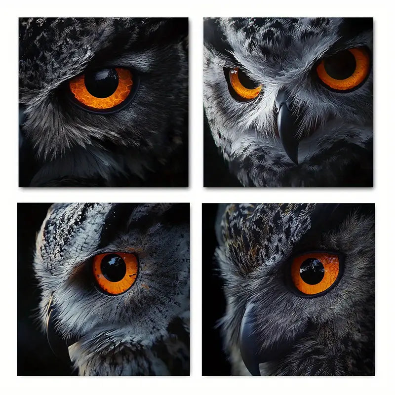 4pcs Vibrant Orange Eyes & Detailed Feather Desi Wall Art Canvas Framed