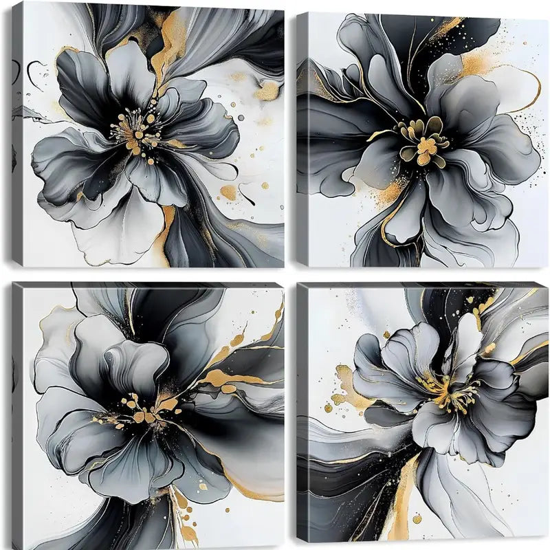 4pcs Black White Golden Gray Orchid Flower Wall Art Canvas Framed