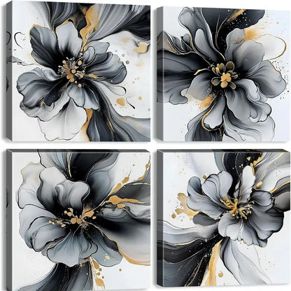 4pcs Black White Golden Gray Orchid Flower Wall Art Canvas Framed