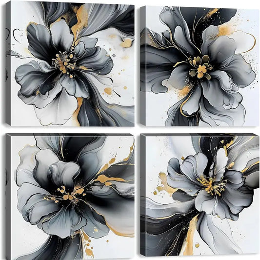 4pcs Black White Golden Gray Orchid Flower Wall Art Canvas Framed