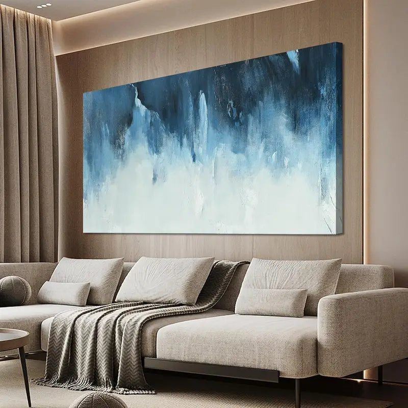 Modern Abstract White & Blue Wall Art canvas office home room framed 120x60cm - Bella Home Decor