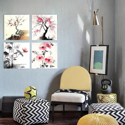 4pcs Red Chinese plu for classrooms  RC  Wall Art Canvas Framed