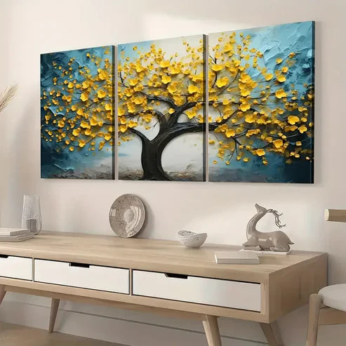 3pcs Ready to Hanging, Art Style Modern Abstract Trees Golden Flower Wall Art Set Canvas Unframed - High Quality Print 100% Australian Made Wall Canvas