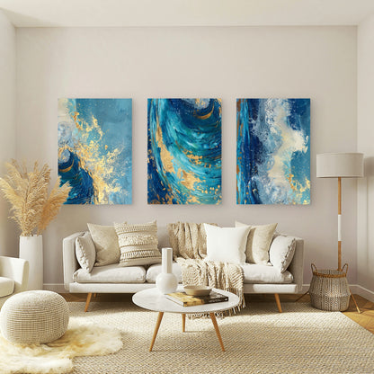 3pcs Abstract Teal Navy Blue Gold Swirl   Wall Art Set Canvas Framed 40x60cm - High Quality Print 100% Australian Made Wall Canvas Ready to Hang