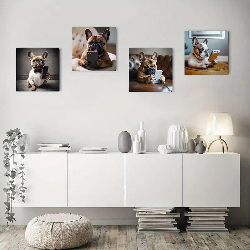 4pcs Funny French Bulldog On Toile Wall Art Canvas Framed