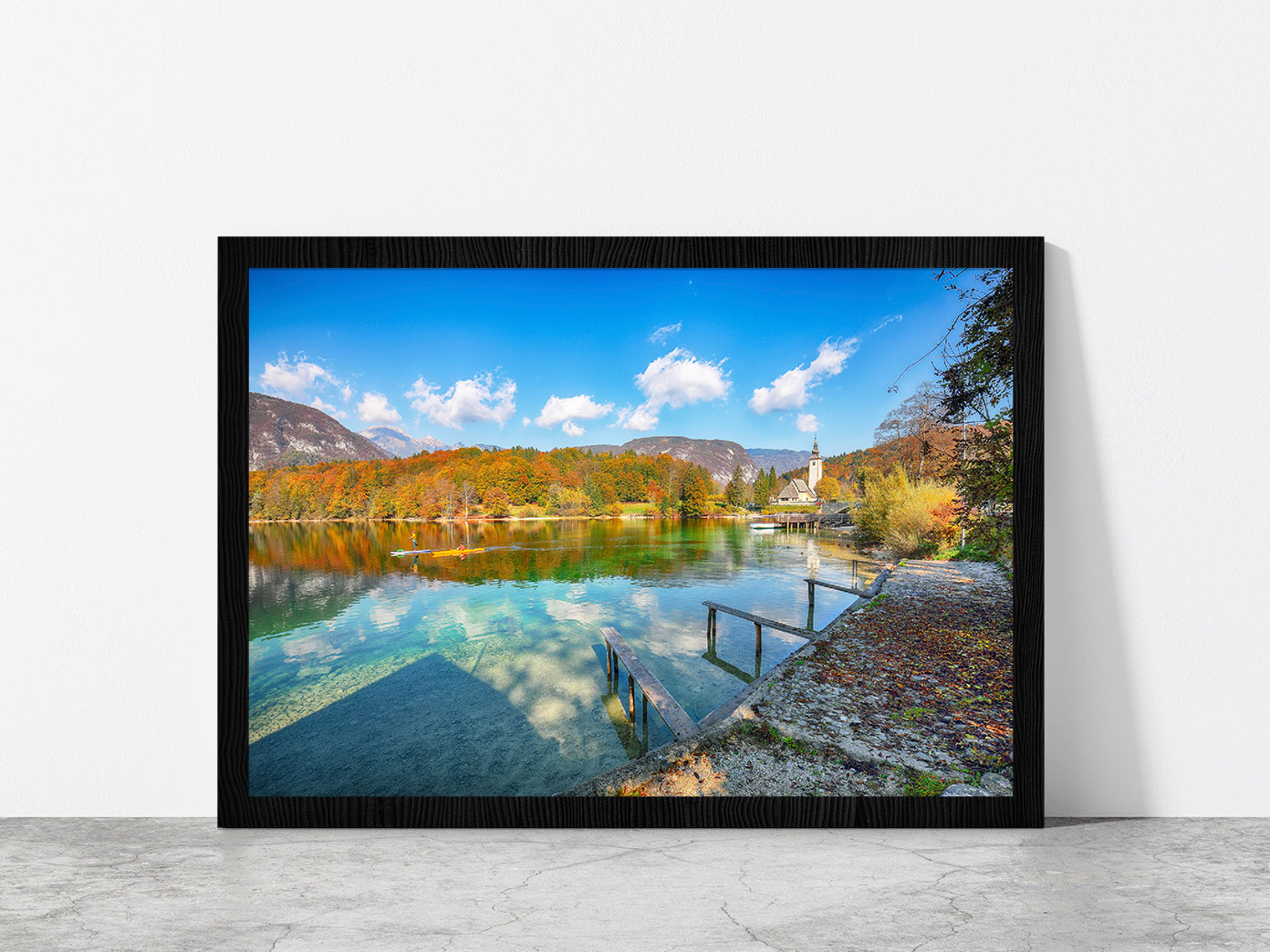 Church Of St.John On Bohinj Lake Glass Framed Wall Art, Ready to Hang Quality Print Without White Border Black