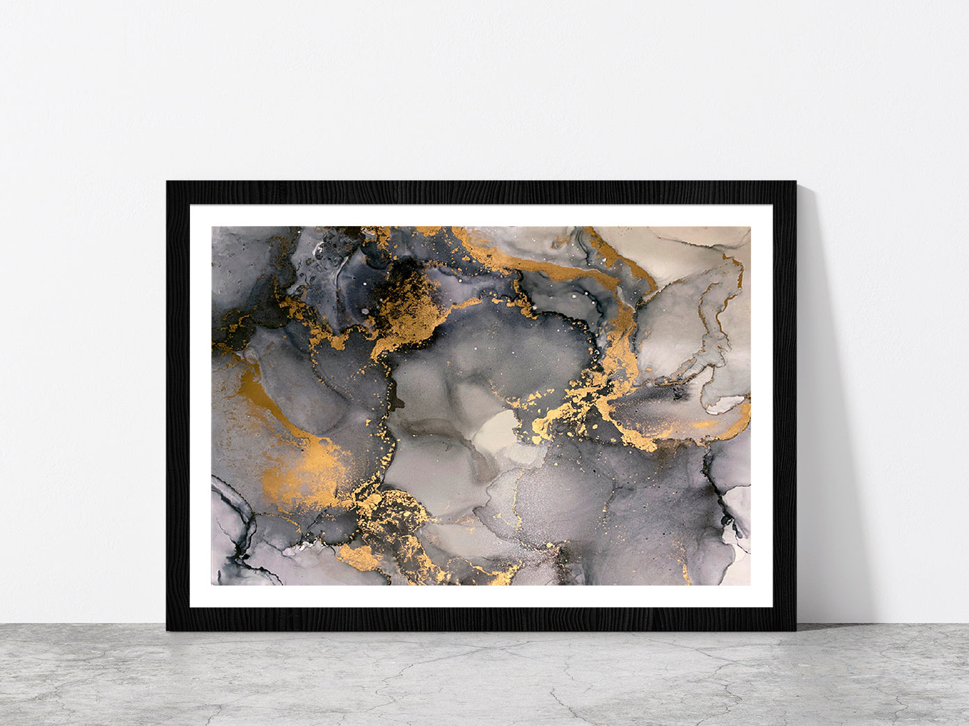 Grey & Gold Abstract Fluid Art Glass Framed Wall Art, Ready to Hang Quality Print With White Border Black