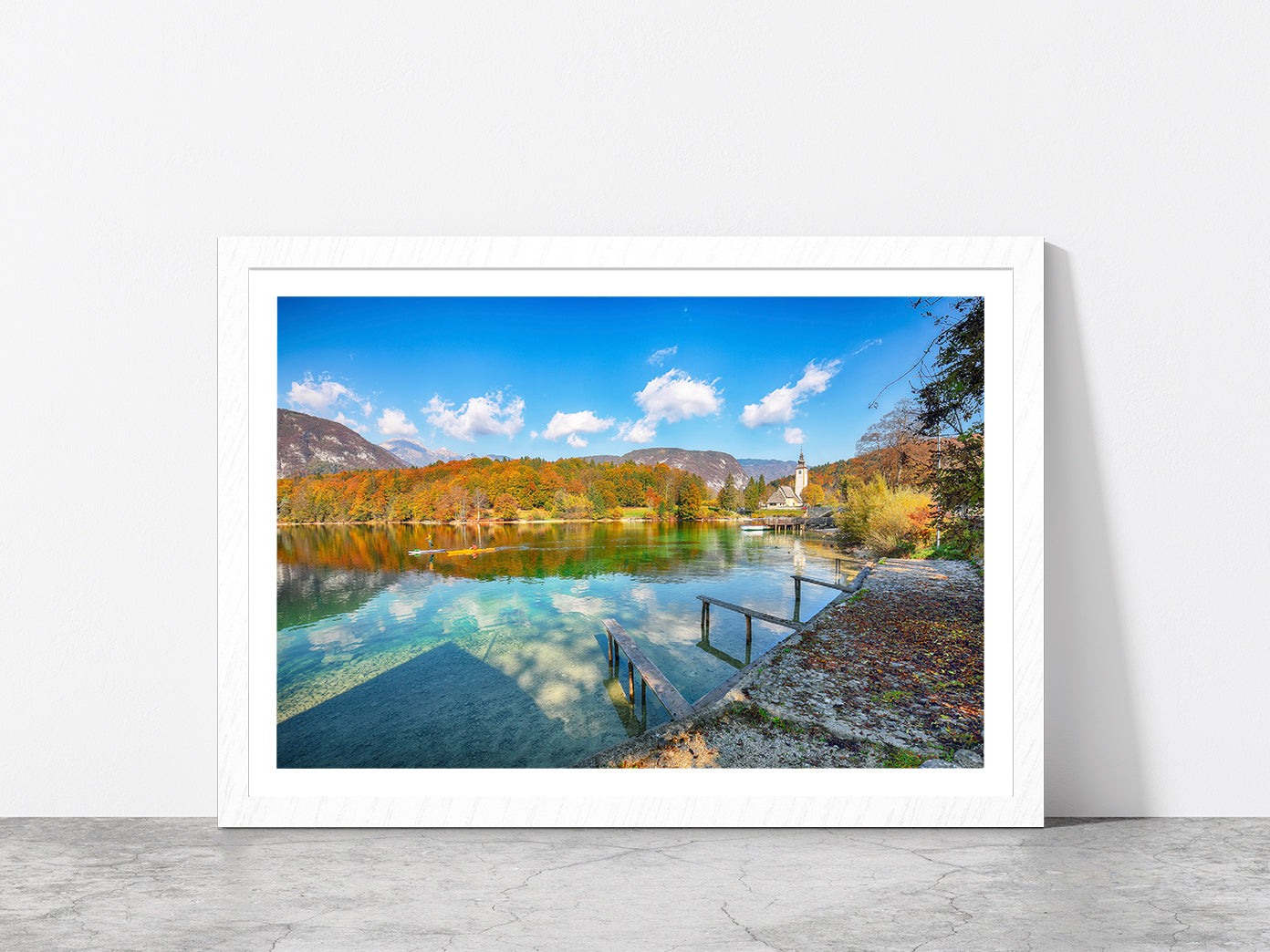 Church Of St.John On Bohinj Lake Glass Framed Wall Art, Ready to Hang Quality Print With White Border White