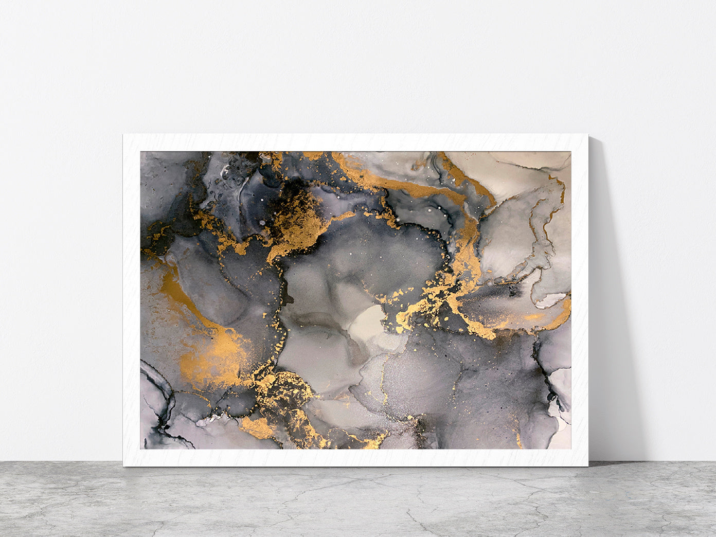 Grey & Gold Abstract Fluid Art Glass Framed Wall Art, Ready to Hang Quality Print Without White Border White