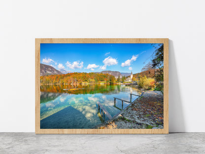 Church Of St.John On Bohinj Lake Glass Framed Wall Art, Ready to Hang Quality Print Without White Border Oak