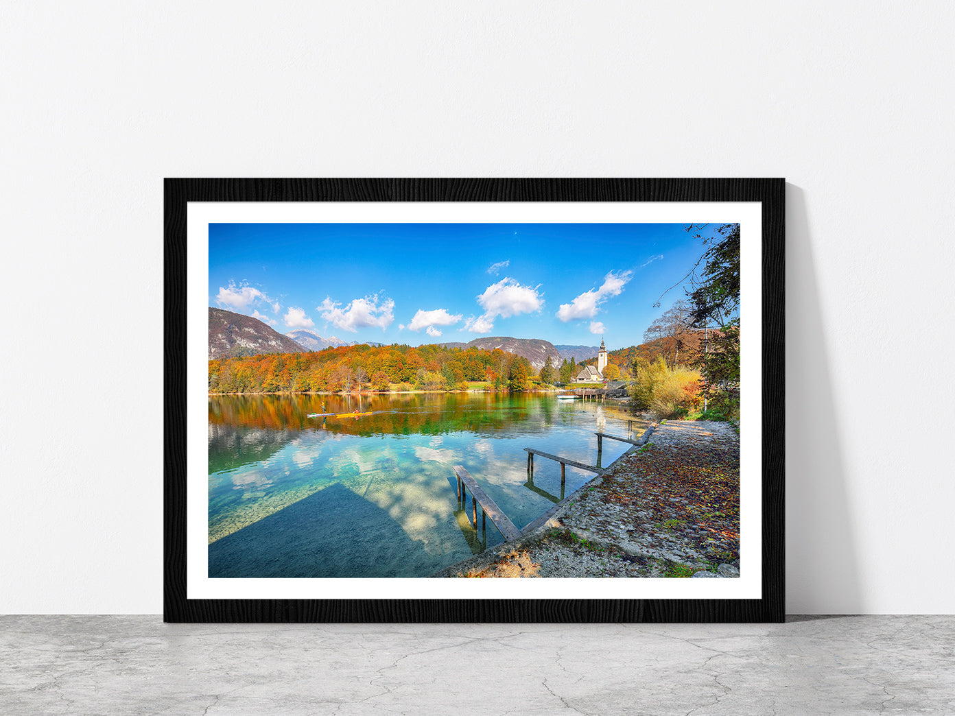 Church Of St.John On Bohinj Lake Glass Framed Wall Art, Ready to Hang Quality Print With White Border Black