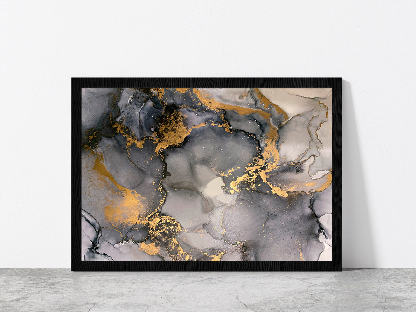 Grey & Gold Abstract Fluid Art Glass Framed Wall Art, Ready to Hang Quality Print Without White Border Black