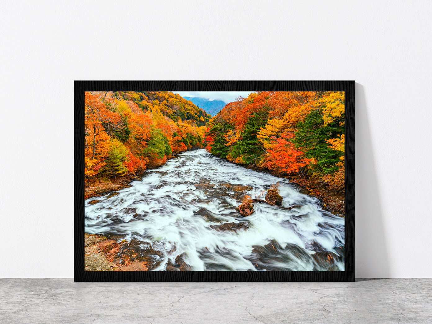 Yukawa River In Autumn Forest Glass Framed Wall Art, Ready to Hang Quality Print Without White Border Black