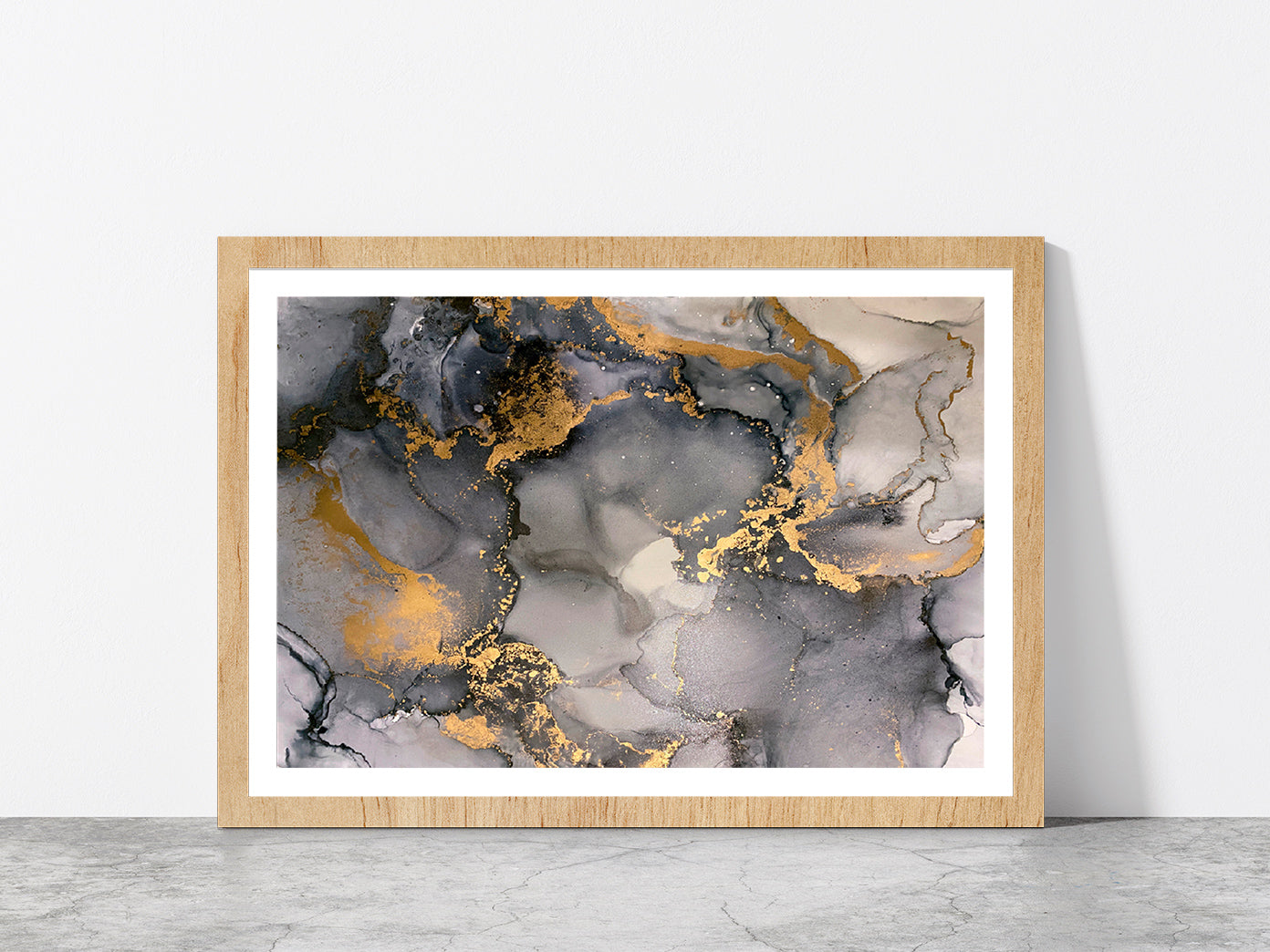 Grey & Gold Abstract Fluid Art Glass Framed Wall Art, Ready to Hang Quality Print With White Border Oak