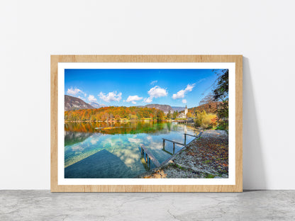 Church Of St.John On Bohinj Lake Glass Framed Wall Art, Ready to Hang Quality Print With White Border Oak