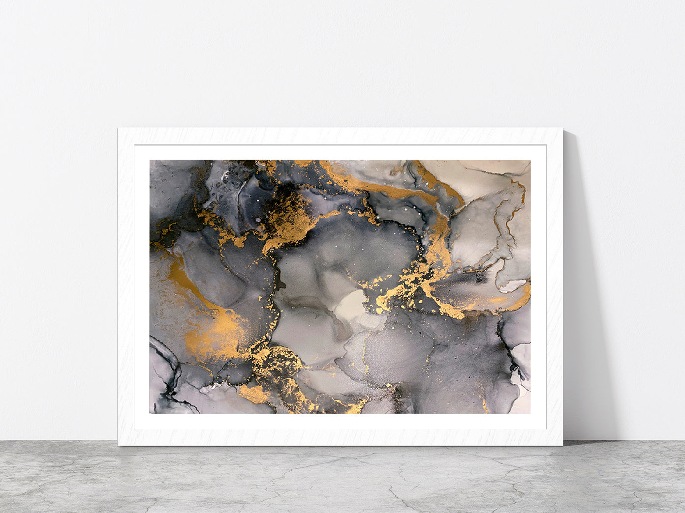 Grey & Gold Abstract Fluid Art Glass Framed Wall Art, Ready to Hang Quality Print With White Border White