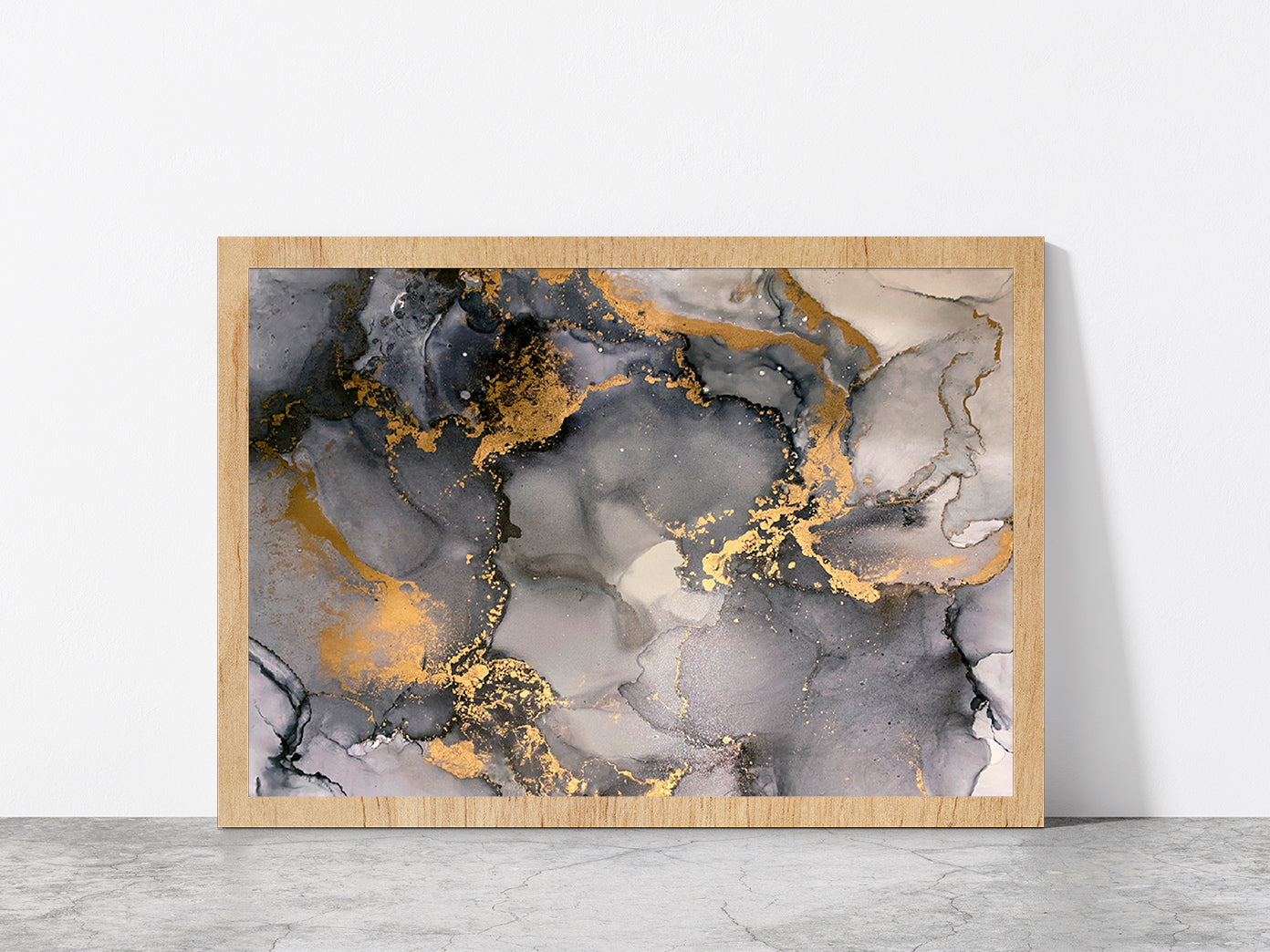 Grey & Gold Abstract Fluid Art Glass Framed Wall Art, Ready to Hang Quality Print Without White Border Oak