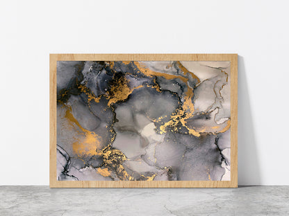 Grey & Gold Abstract Fluid Art Glass Framed Wall Art, Ready to Hang Quality Print Without White Border Oak