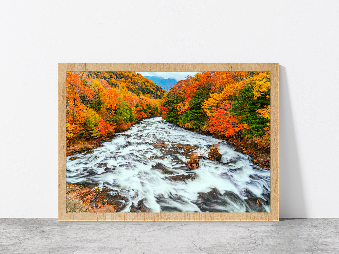 Yukawa River In Autumn Forest Glass Framed Wall Art, Ready to Hang Quality Print Without White Border Oak